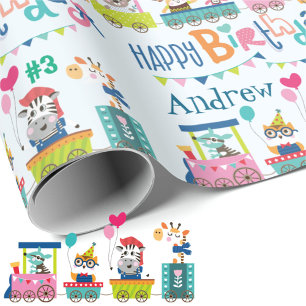 Animal Train Personaliseer Naam Kids Verjaardag Cadeaupapier