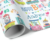 Animal Train Personaliseer Naam Kids Verjaardag Cadeaupapier (Rol Hoek)
