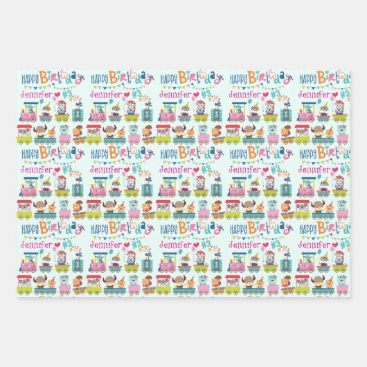 Animal Train Personaliseer Naam Meisjes Verjaardag Inpakpapier Vel (Voorkant 3)