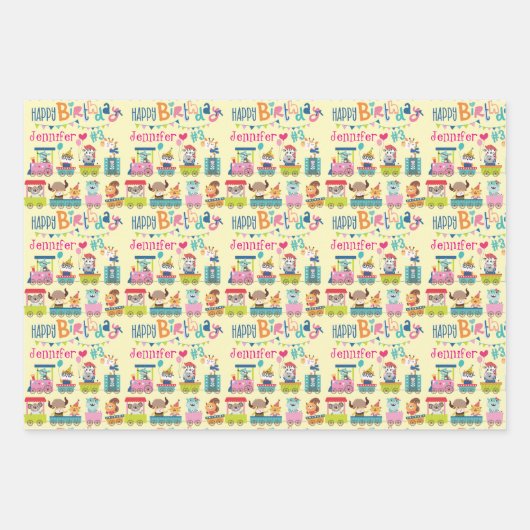 Animal Train Personaliseer Naam Meisjes Verjaardag Inpakpapier Vel (Voorkant 2)