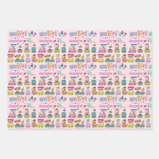 Animal Train Personaliseer Naam Meisjes Verjaardag Inpakpapier Vel (Voorkant)