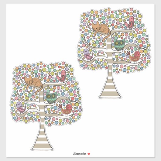 Animal Tree Art Illustratie Schilderij Vogels Kat Sticker (Vel)