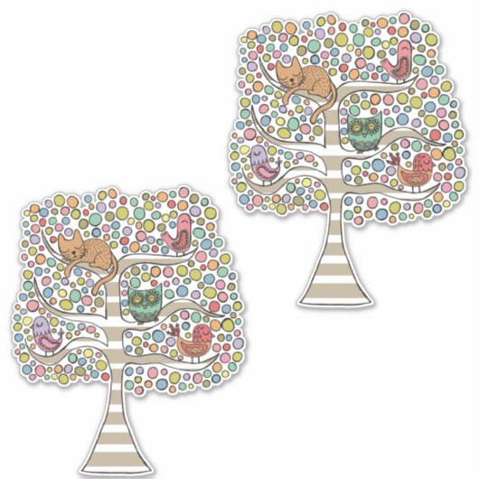 Animal Tree Art Illustratie Schilderij Vogels Kat Sticker (Voorkant)