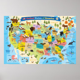 Animal US Kaart voor Kinderen Poster