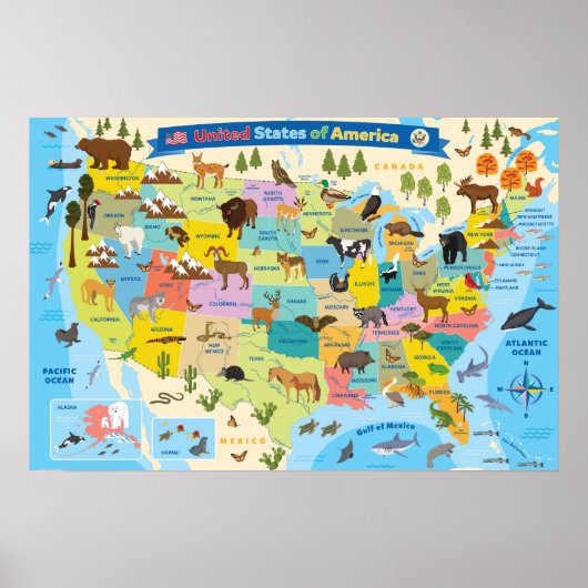 Animal US Kaart voor Kinderen Poster (Voorkant)