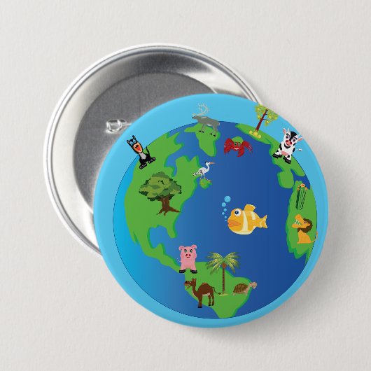 Animal Wereldkaart Schattigee Wildlife Illustratie Ronde Button 7,6 Cm (Voorkant /achterkant)