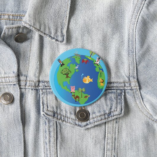 Animal Wereldkaart Schattigee Wildlife Illustratie Ronde Button 7,6 Cm