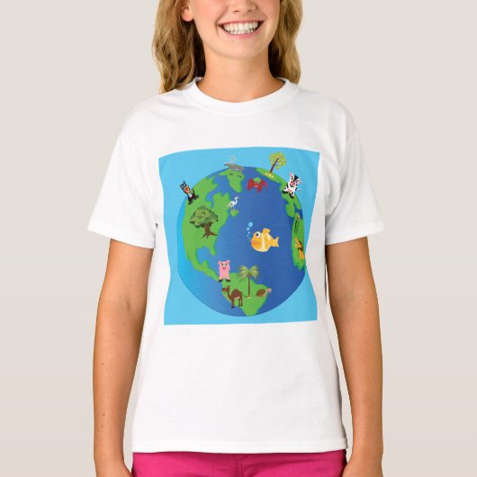 Animal Wereldkaart Schattigee Wildlife Illustratie T-shirt (Voorkant)