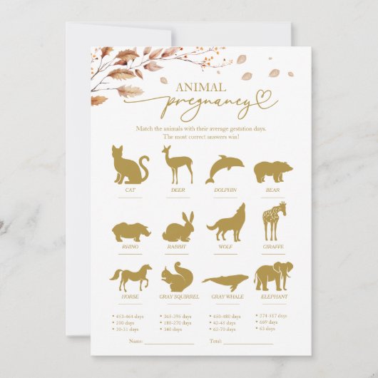 Animal Zwangerschap Herfst Baby shower Game Kaart (Voorkant)