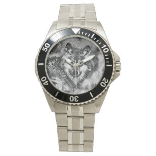AnimalArtBW_Wolf_001 Horloge
