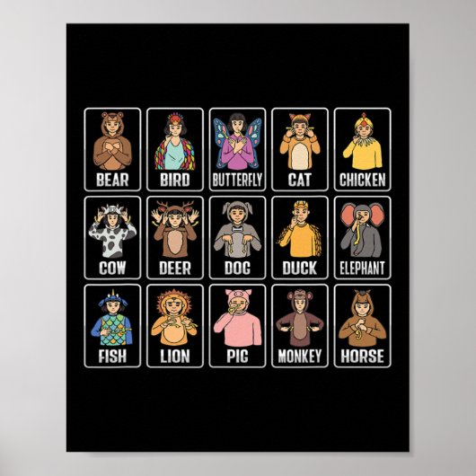 Animals Asl Hand Gesture Animals Deaf Hearing Loss Poster (Voorkant)