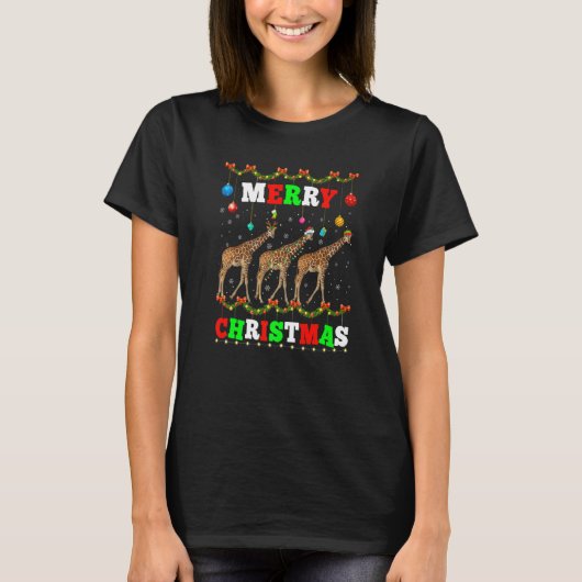 Animals Lights Merry Christmas Santa Giraffe T-shirt (Voorkant)