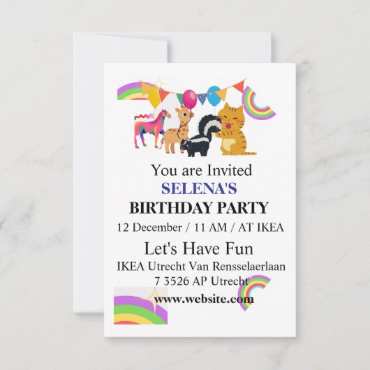 Animals & Rainbows Birthday Party Invitation Bedankkaart (Voorkant)