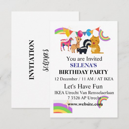 Animals & Rainbows Birthday Party Invitation Bedankkaart (Voorkant / Achterkant)