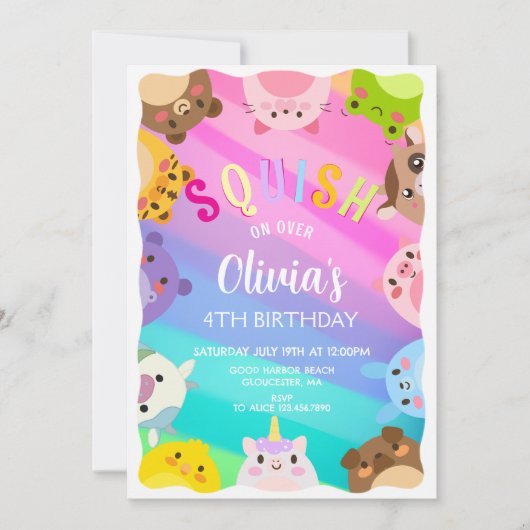 Animals Squish Girl Birthday party Kaart (Voorkant)