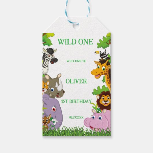 Animals Wild One Oerwoud groene safari voor kinder Cadeaulabel (Voorkant)