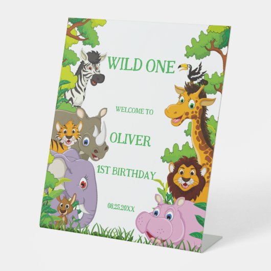 Animals Wild One Oerwoud groene safari voor kinder Reclamebord Met Voetstuk (Voorkant)