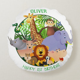 Animals Wild One Oerwoud groene safari voor kinder Rond Kussen