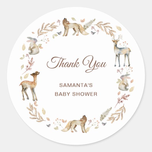 Animals Woodland Baby shower Bedankt Ronde Sticker (Voorkant)
