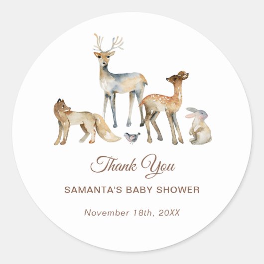 Animals Woodland Baby shower Bedankt Ronde Sticker (Voorkant)