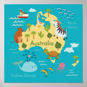Animals World Map of Australia For Kids Poster