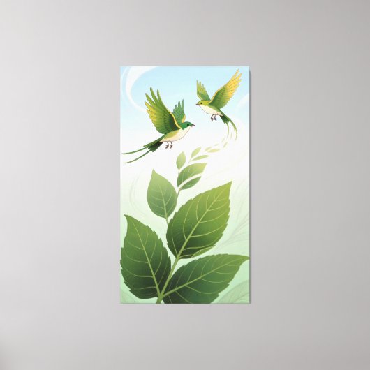 Animated patterns of leaves and birds canvas afdruk (Voorkant)
