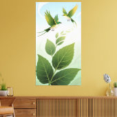 Animated patterns of leaves and birds canvas afdruk (Insitu (Woonkamer))