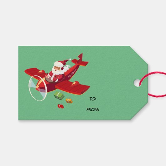 Animated Santa en zijn vliegtuig Cadeaulabel (Voorkant (Horizontaal))