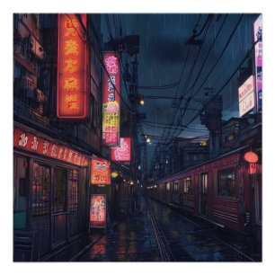 Anime Aesthetic City Street Night Uitzicht met Tre Perfect Poster