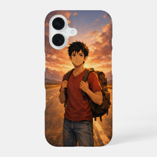 Anime Avonturen Jongen Zonsondergang Weg Berg iPho iPhone 16 Hoesje