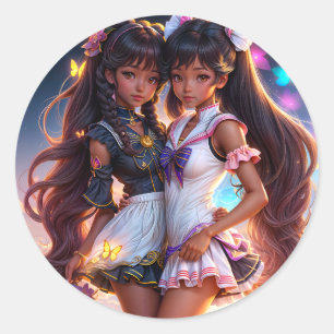 Anime Black Girl Vrienden Ronde Sticker