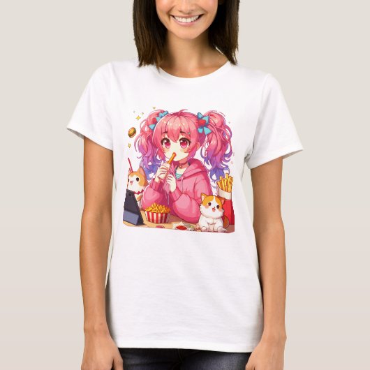 Anime Bliss: Meisje, Aardappelen, en Huisdier T-shirt (Voorkant)
