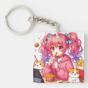 Anime Bliss: Meisje, Aardappels en Huisdier Sleutelhanger