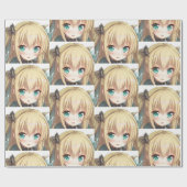 Anime blond-harige meid smaragdgroene ogen cadeaupapier (Vlak)