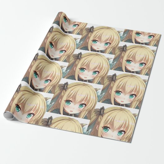 Anime blond-harige meid smaragdgroene ogen cadeaupapier (Uitgerold)