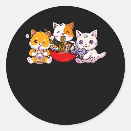 Anime Boba Thee Bubble Tea Gaming Gamer Ramen Cat  Ronde Sticker (Voorkant)