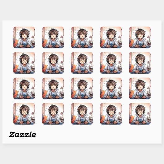 Anime Boy die VideoGames speelt Vierkante Sticker (Vel)