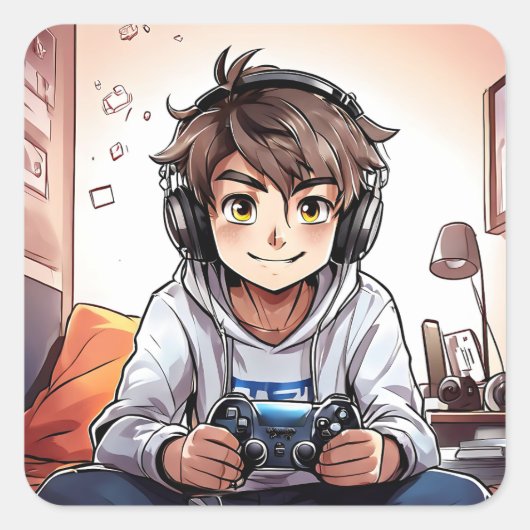 Anime Boy die VideoGames speelt Vierkante Sticker (Voorkant)