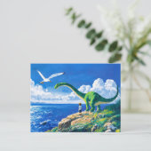 Anime boy en Brachiosaurus met uitzicht op zee Feestdagenkaart (Staand voorkant)