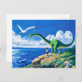 Anime boy en Brachiosaurus met uitzicht op zee Feestdagenkaart (Voorkant / Achterkant)