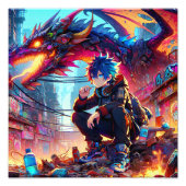 Anime Boy en Dragon in een dystopische wereld Foto Afdruk (Voorkant)