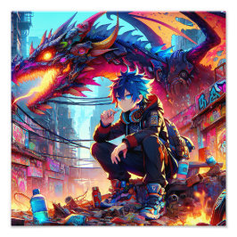 Anime Boy en Dragon in een dystopische wereld Foto Afdruk
