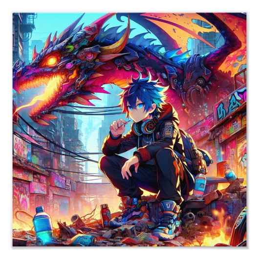 Anime Boy en Dragon in een dystopische wereld Foto Afdruk (Voorkant)