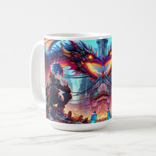 Anime Boy en Dragon in een dystopische wereld Koffiemok (Voorkant links)