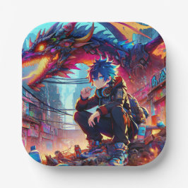 Anime Boy en Dragon in een dystopische wereld Papieren Bordje
