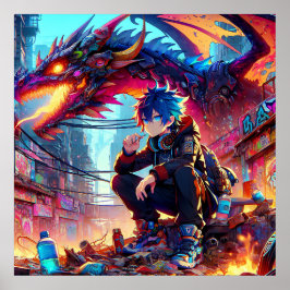 Anime Boy en Dragon in een dystopische wereld Poster