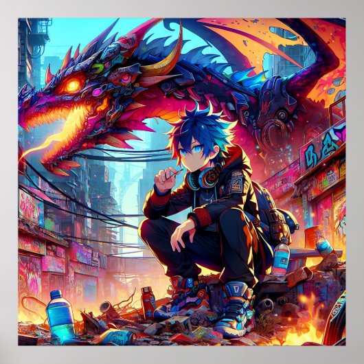 Anime Boy en Dragon in een dystopische wereld Poster (Voorkant)