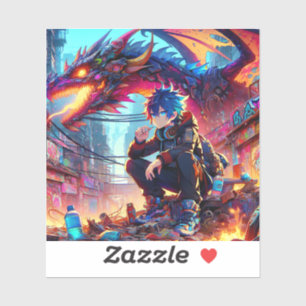 Anime Boy en Dragon in een dystopische wereld Sticker
