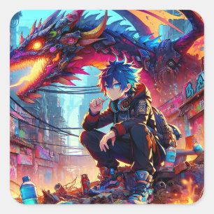 Anime Boy en Dragon in een dystopische wereld Vierkante Sticker