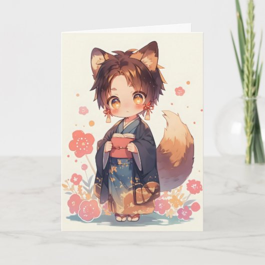 Anime Boy Fox Kitsune Fantasy Feestdagen Kaart (Voorkant)